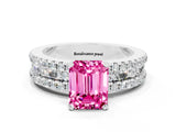 White gold Emerald Cut Pink Sapphire Solitaire Ring with Pavé and Channel Set Band_48