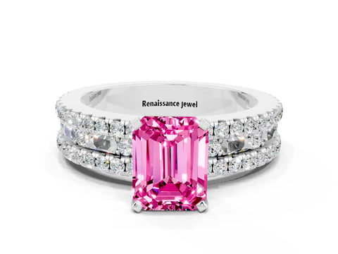 White gold Emerald Cut Pink Sapphire Solitaire Ring with Pavé and Channel Set Band_48