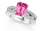 White gold Emerald Cut Pink Sapphire Solitaire Ring with Pavé and Channel Set Band_49