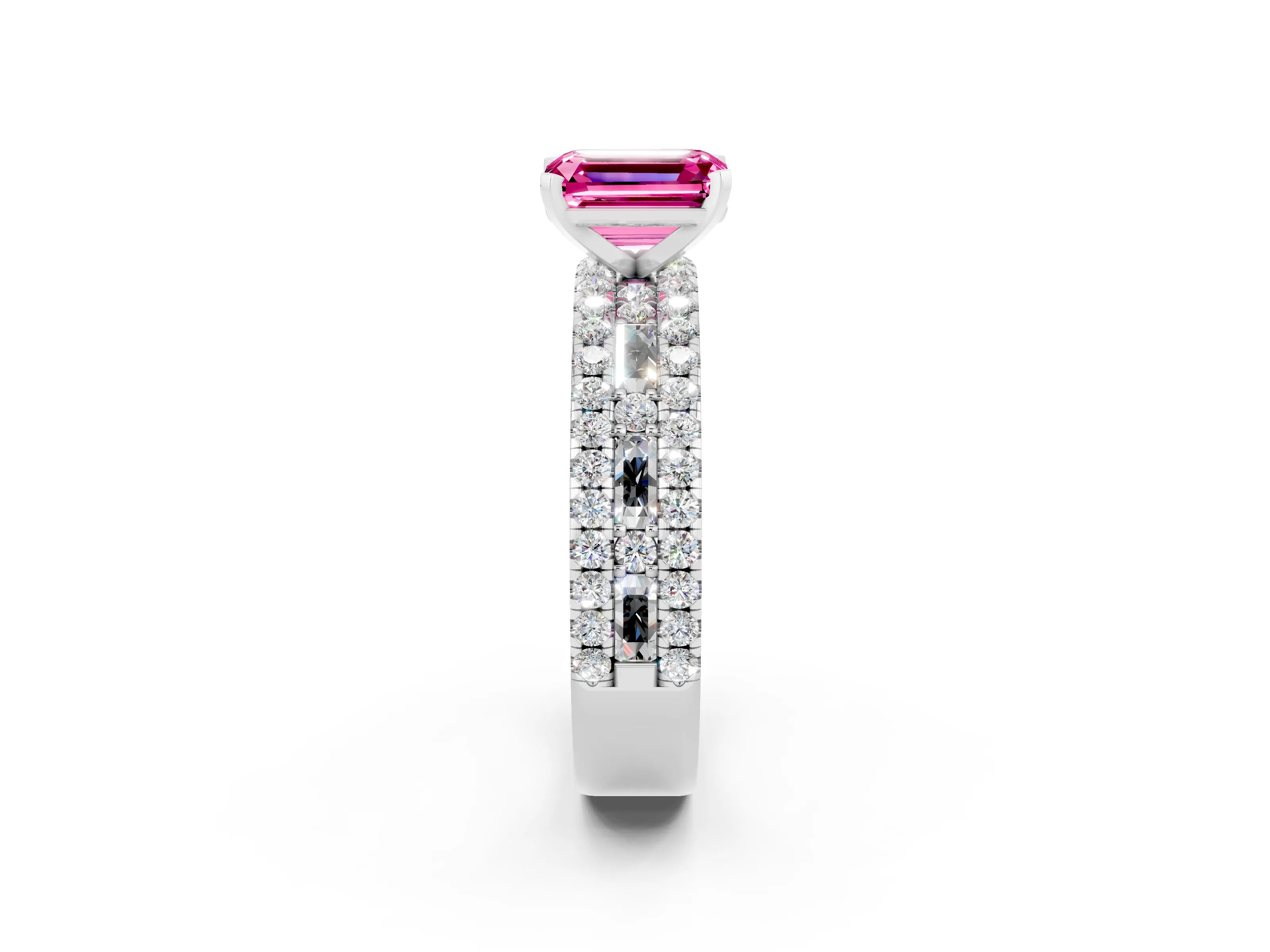 White gold Emerald Cut Pink Sapphire Solitaire Ring with Pavé and Channel Set Band_50
