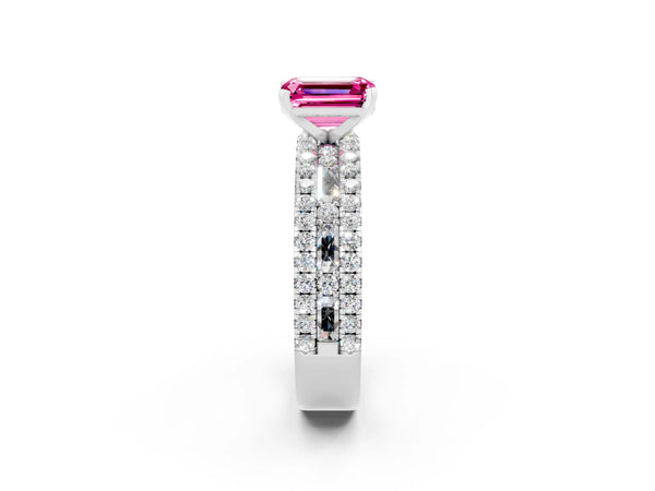 White gold Emerald Cut Pink Sapphire Solitaire Ring with Pavé and Channel Set Band