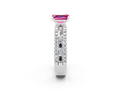 White gold Emerald Cut Pink Sapphire Solitaire Ring with Pavé and Channel Set Band_50