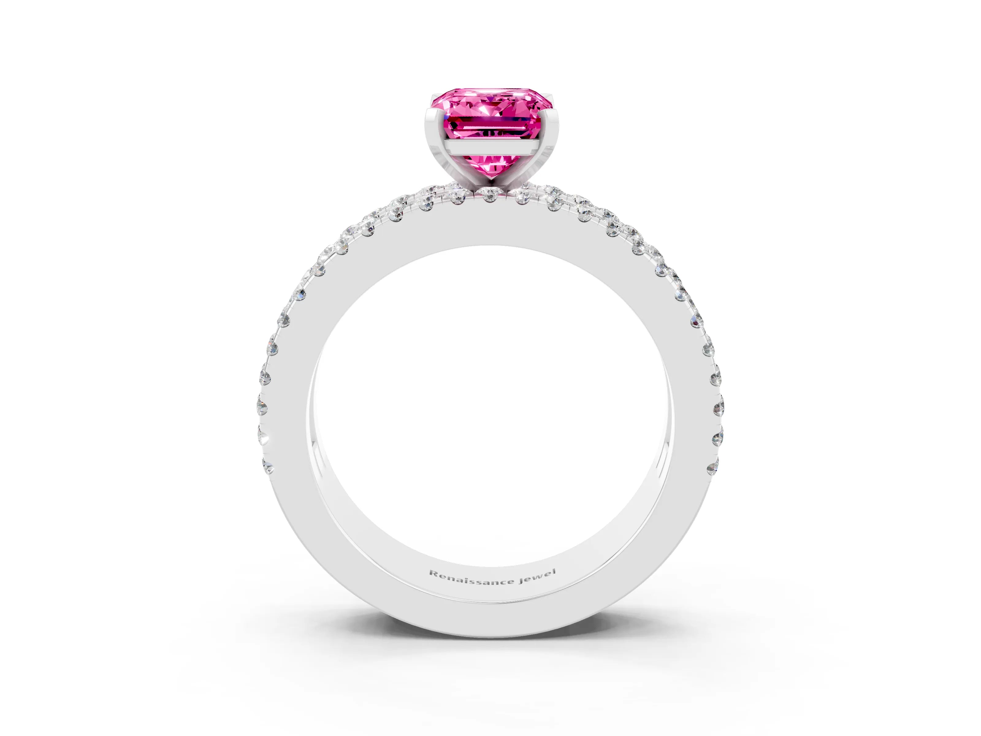 White gold Emerald Cut Pink Sapphire Solitaire Ring with Pavé and Channel Set Band_51