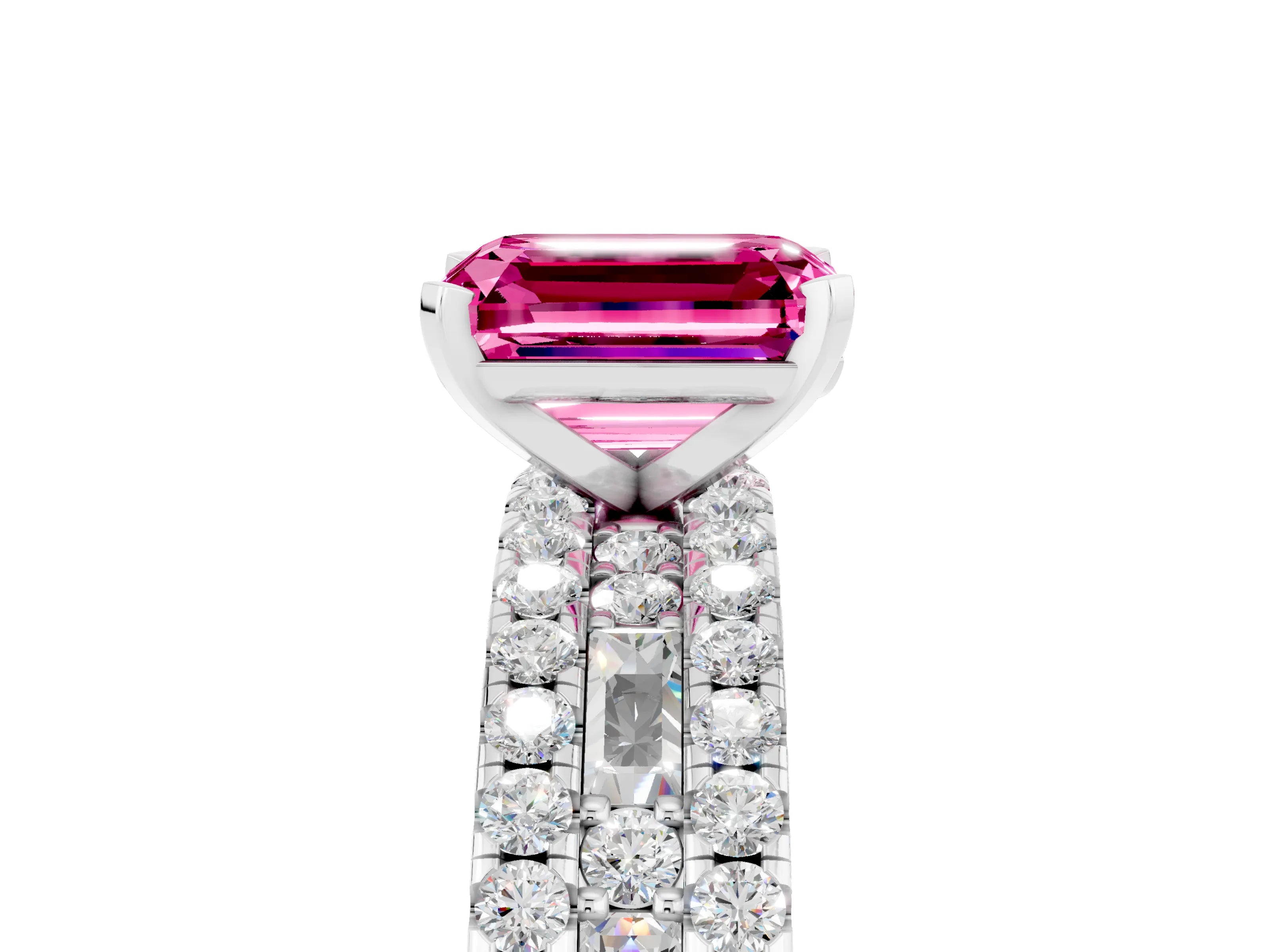 White gold Emerald Cut Pink Sapphire Solitaire Ring with Pavé and Channel Set Band_53