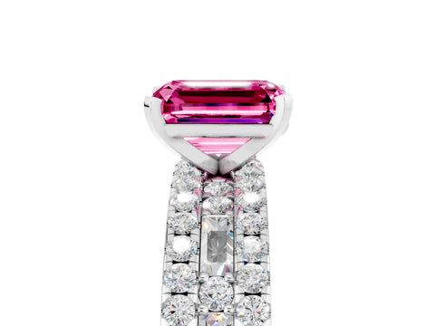 White gold Emerald Cut Pink Sapphire Solitaire Ring with Pavé and Channel Set Band_53
