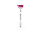 White gold Emerald Cut Pink Sapphire Solitaire Ring with Pave Band and Four Prong Setting_50