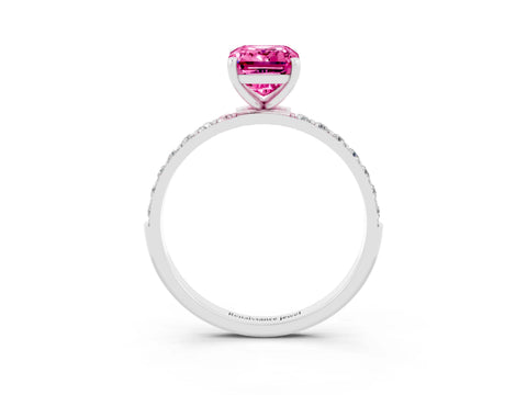 White gold Emerald Cut Pink Sapphire Solitaire Ring with Pave Band and Four Prong Setting_51