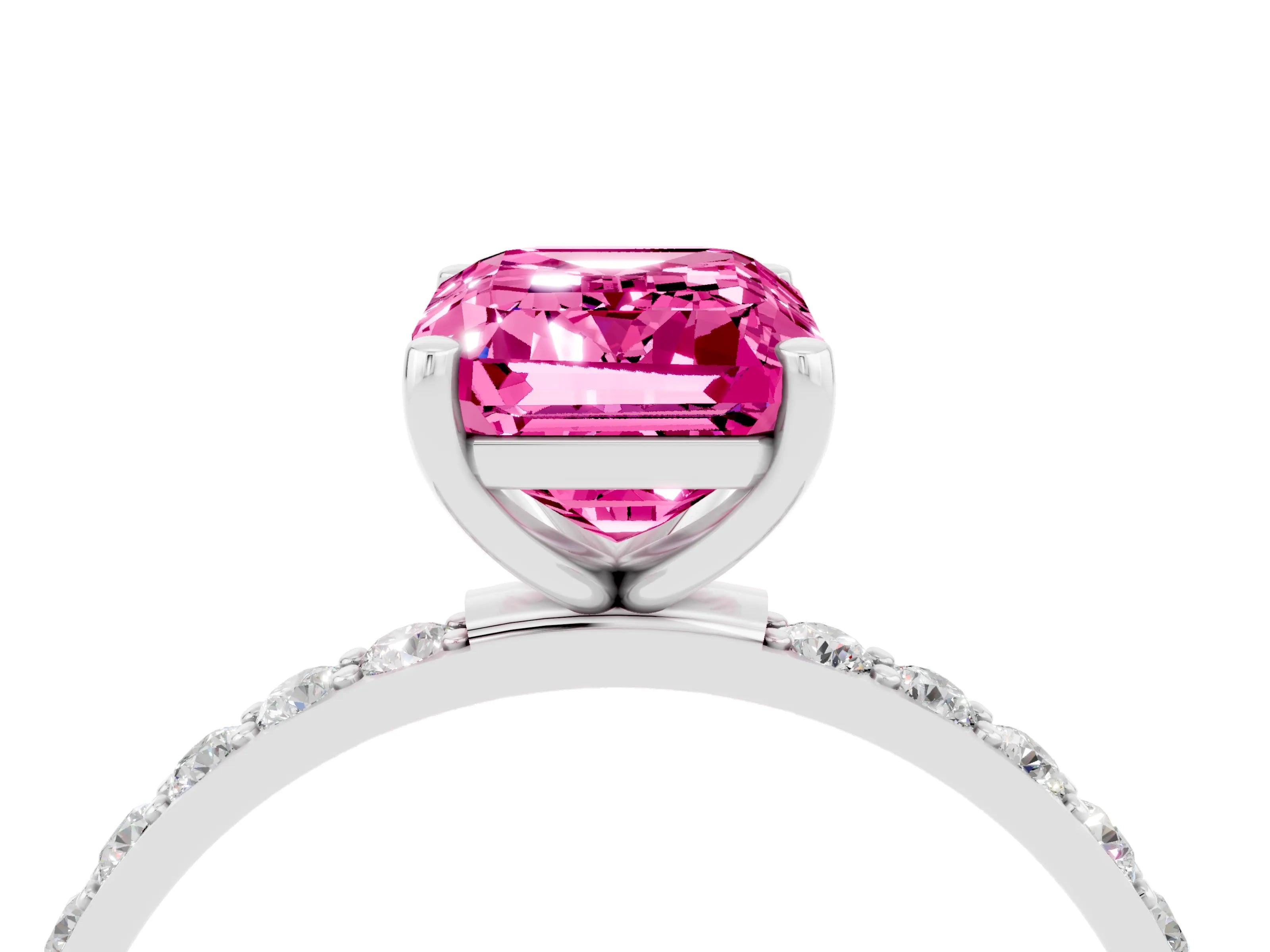 White gold Emerald Cut Pink Sapphire Solitaire Ring with Pave Band and Four Prong Setting_52