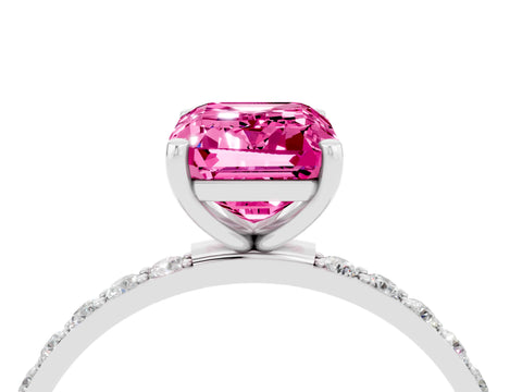 White gold Emerald Cut Pink Sapphire Solitaire Ring with Pave Band and Four Prong Setting_52