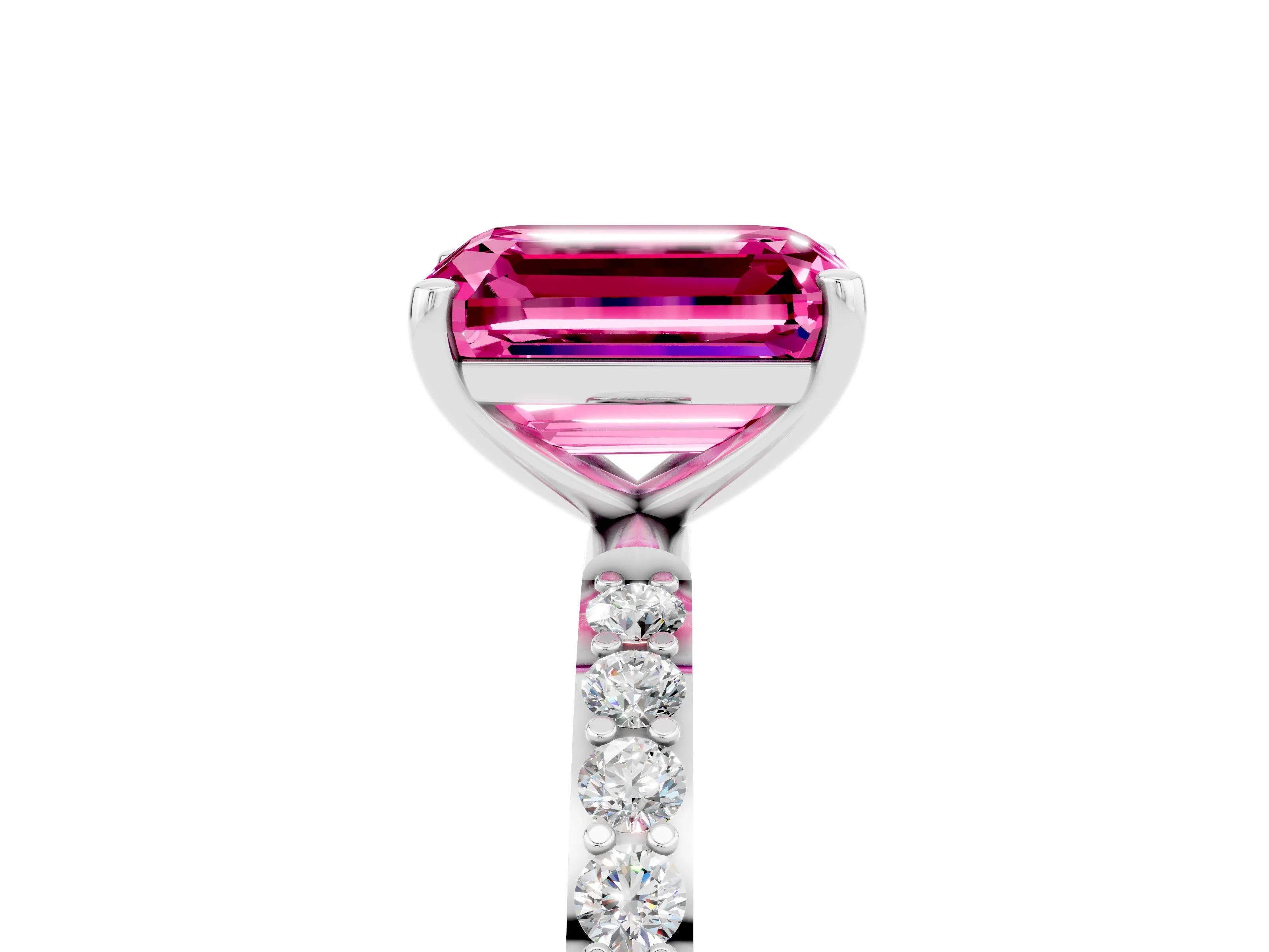 White gold Emerald Cut Pink Sapphire Solitaire Ring with Pave Band and Four Prong Setting_53