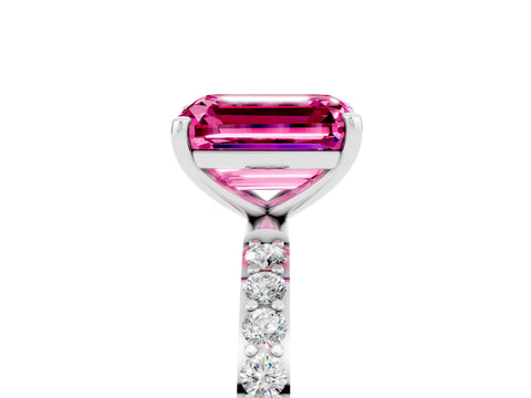 White gold Emerald Cut Pink Sapphire Solitaire Ring with Pave Band and Four Prong Setting_53