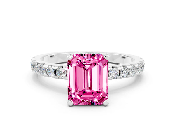 White gold Emerald Cut Pink Sapphire Solitaire Ring with Round  Pavé Band and Four-Prong Setting