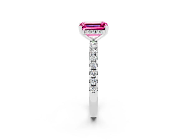 White gold Emerald Cut Pink Sapphire Solitaire Ring with Round  Pavé Band and Four-Prong Setting