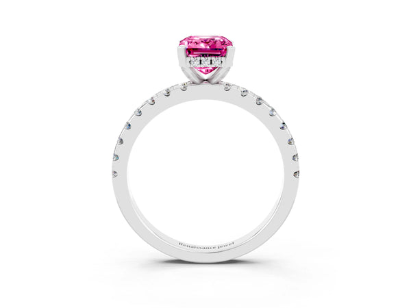 White gold Emerald Cut Pink Sapphire Solitaire Ring with Round  Pavé Band and Four-Prong Setting