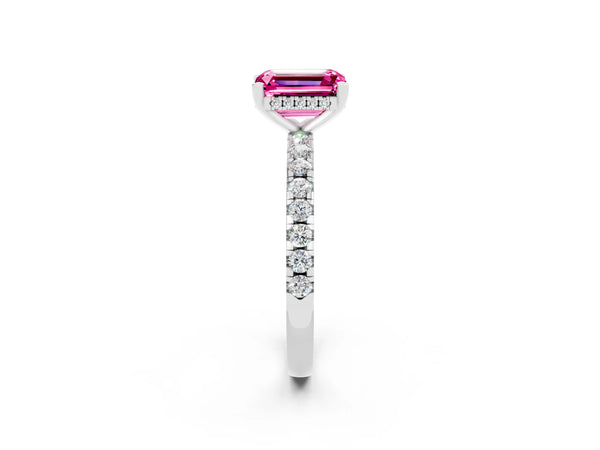 White gold Emerald Cut Pink Sapphire Solitaire Ring with Round Pavé Band and Four-Prong Setting