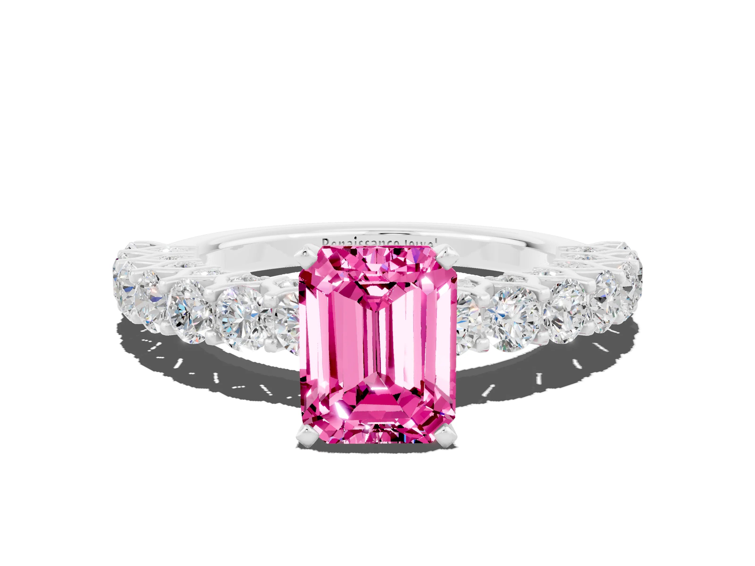 White gold Emerald Cut Pink Sapphire Solitaire Ring with Shared Prong Pavé Band and Four-Prong Setting