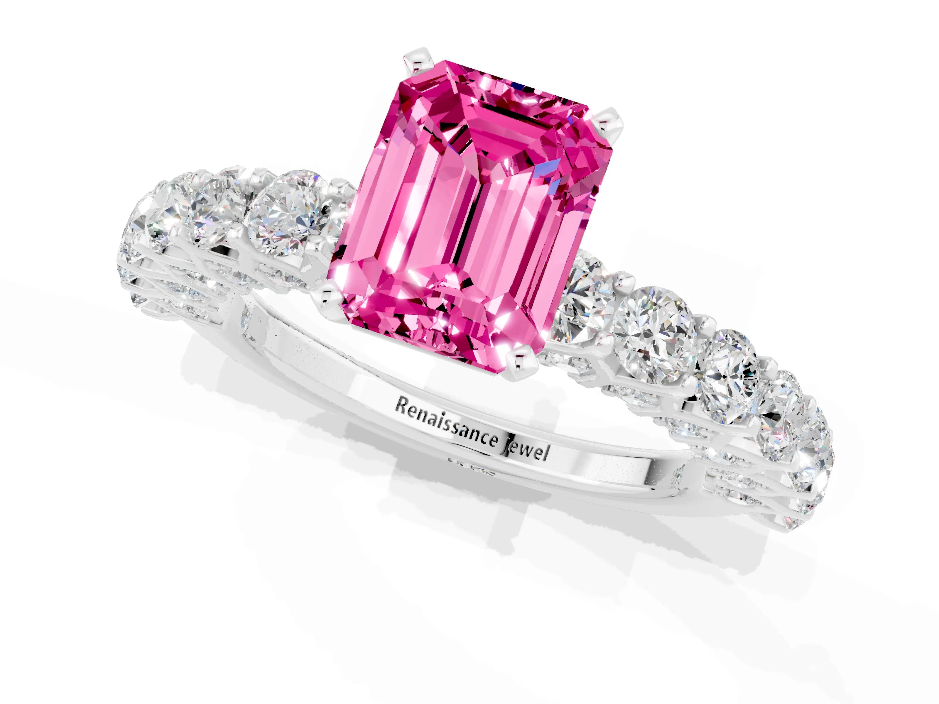 White gold Emerald Cut Pink Sapphire Solitaire Ring with Shared Prong Pavé Band and Four-Prong Setting_1