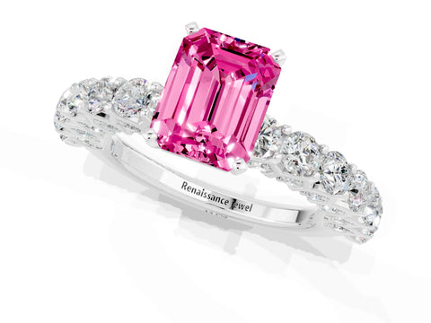 White gold Emerald Cut Pink Sapphire Solitaire Ring with Shared Prong Pavé Band and Four-Prong Setting_1