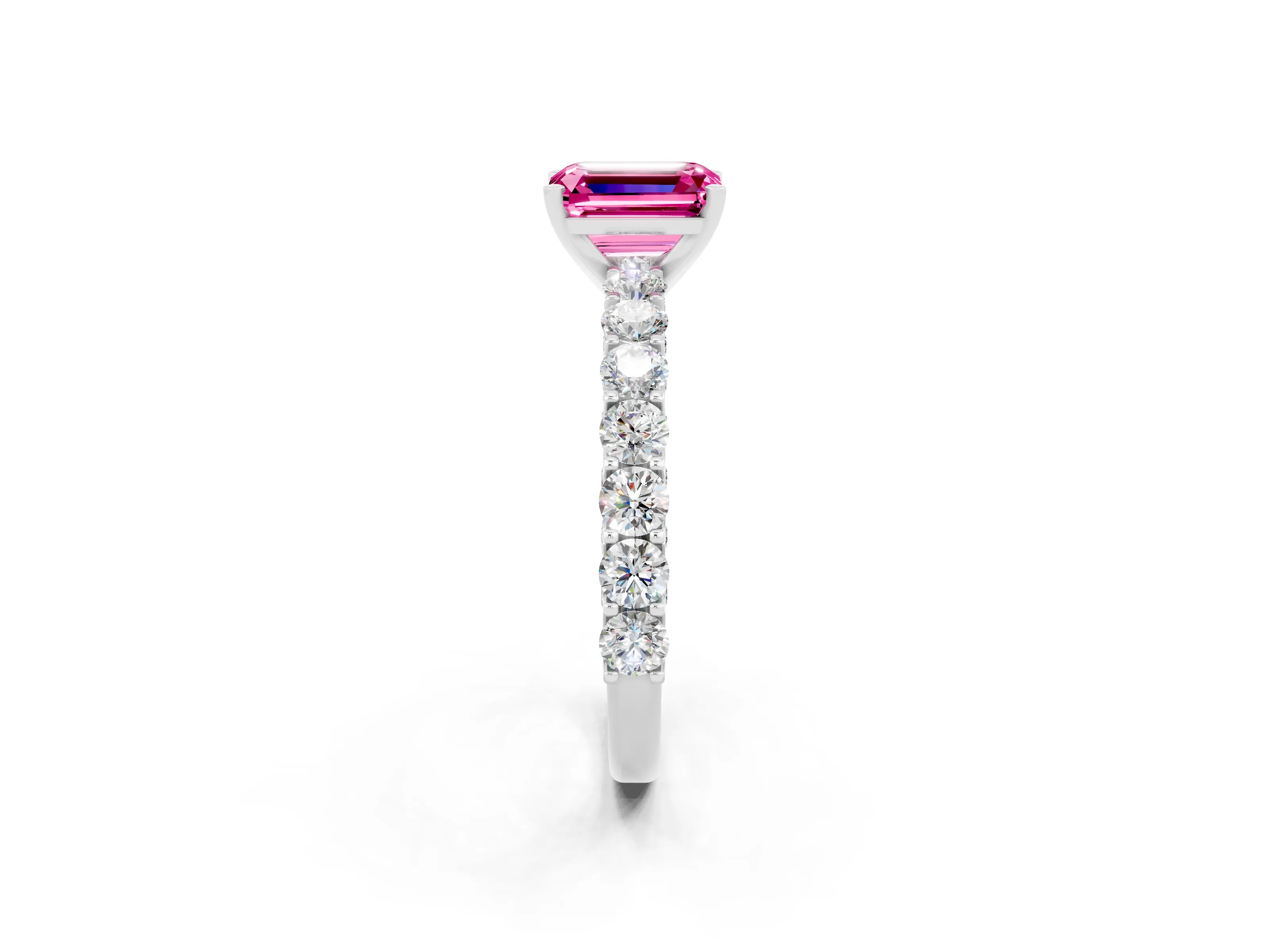 White gold Emerald Cut Pink Sapphire Solitaire Ring with Shared Prong Pavé Band and Four-Prong Setting_2