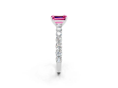 White gold Emerald Cut Pink Sapphire Solitaire Ring with Shared Prong Pavé Band and Four-Prong Setting_2