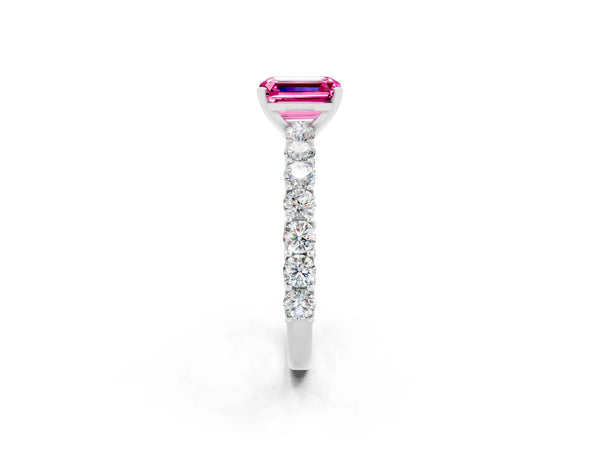 Silver Emerald Cut Pink Sapphire Solitaire Ring with Shared Prong Pavé Band and Four-Prong Setting