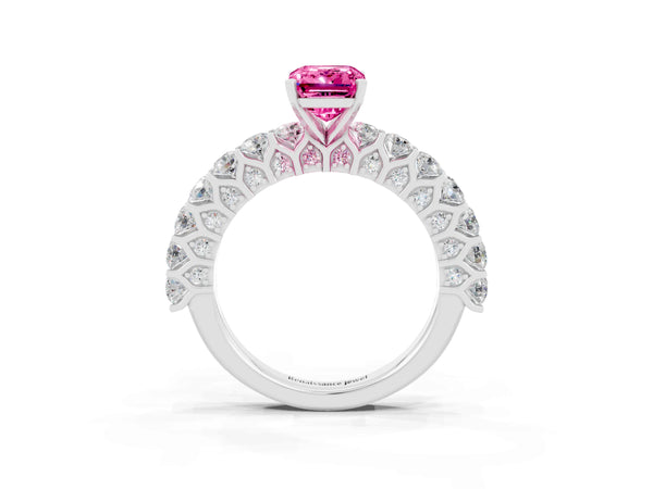 Platinum Emerald Cut Pink Sapphire Solitaire Ring with Shared Prong Pavé Band and Four-Prong Setting
