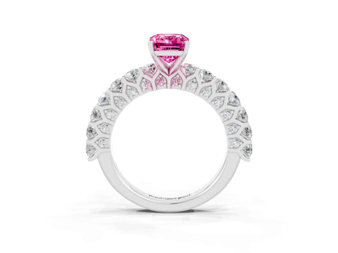 White gold Emerald Cut Pink Sapphire Solitaire Ring with Shared Prong Pavé Band and Four-Prong Setting_3