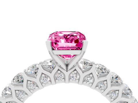 White gold Emerald Cut Pink Sapphire Solitaire Ring with Shared Prong Pavé Band and Four-Prong Setting_4