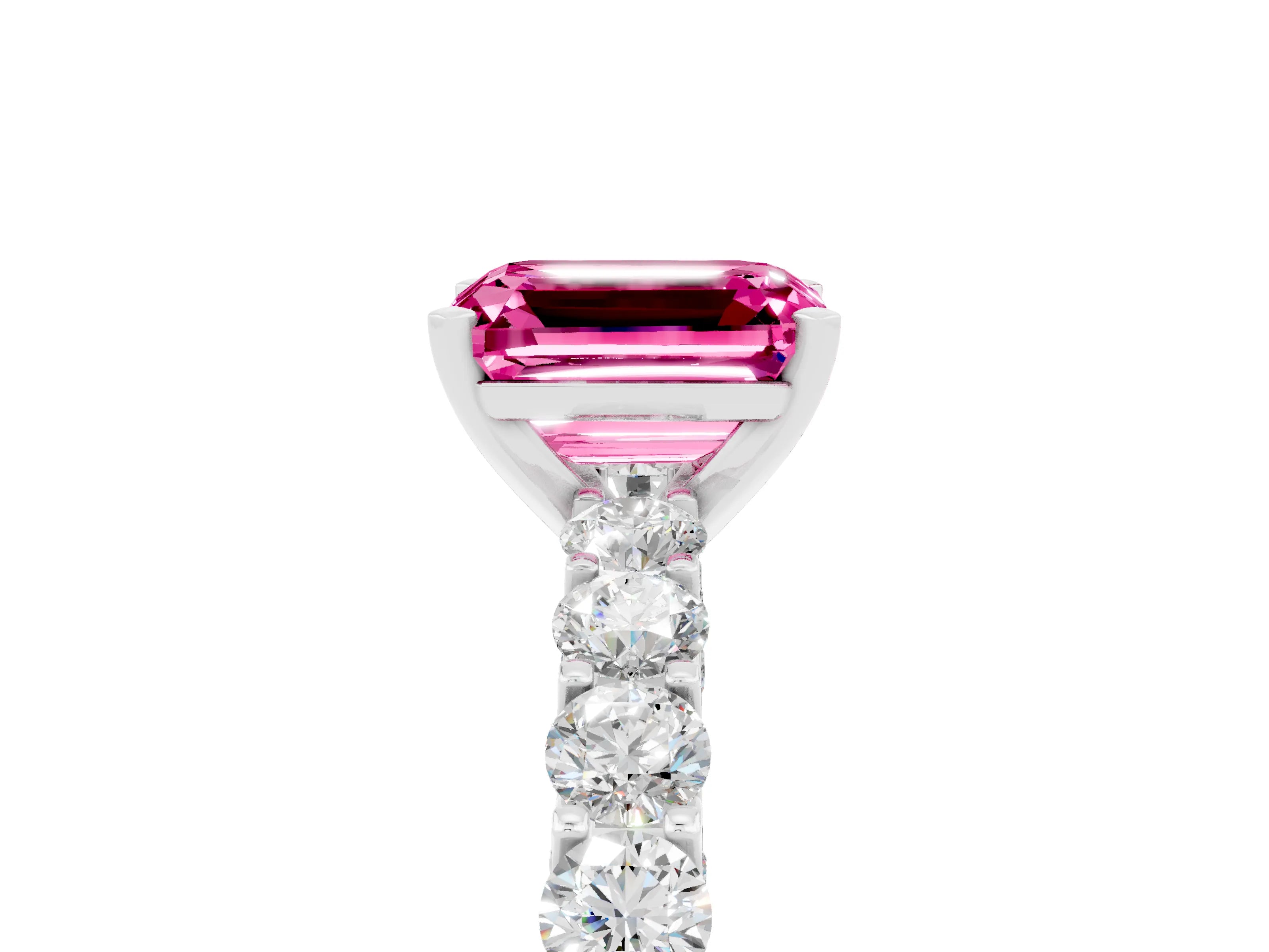 White gold Emerald Cut Pink Sapphire Solitaire Ring with Shared Prong Pavé Band and Four-Prong Setting_5