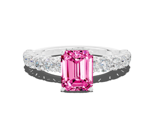 White gold Emerald Cut Pink Sapphire Solitaire Ring with Shared Prong Pavé Band and Four-Prong Setting