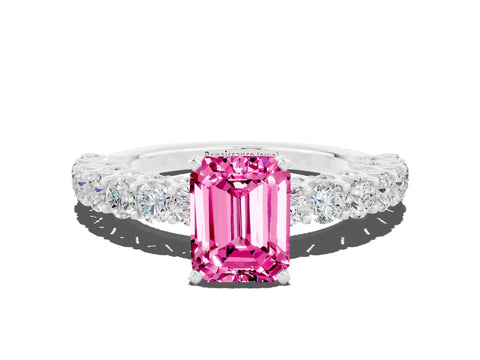 White gold Emerald Cut Pink Sapphire Solitaire Ring with Shared Prong Pavé Band and Four-Prong Setting