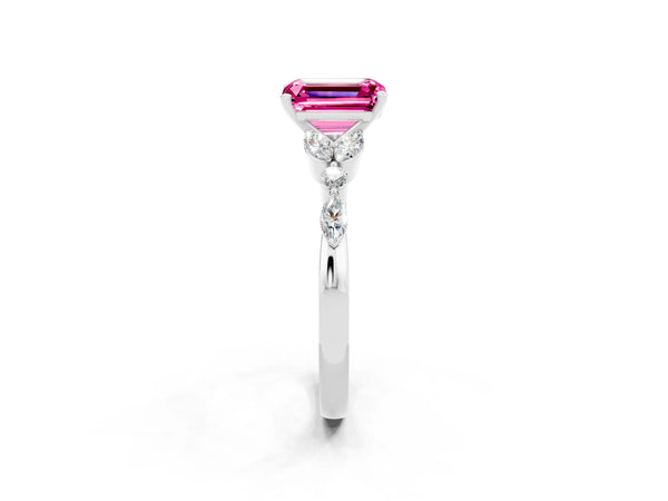 Silver Emerald Cut Pink Sapphire Solitaire Ring with Side Stones and Four-Prong Setting