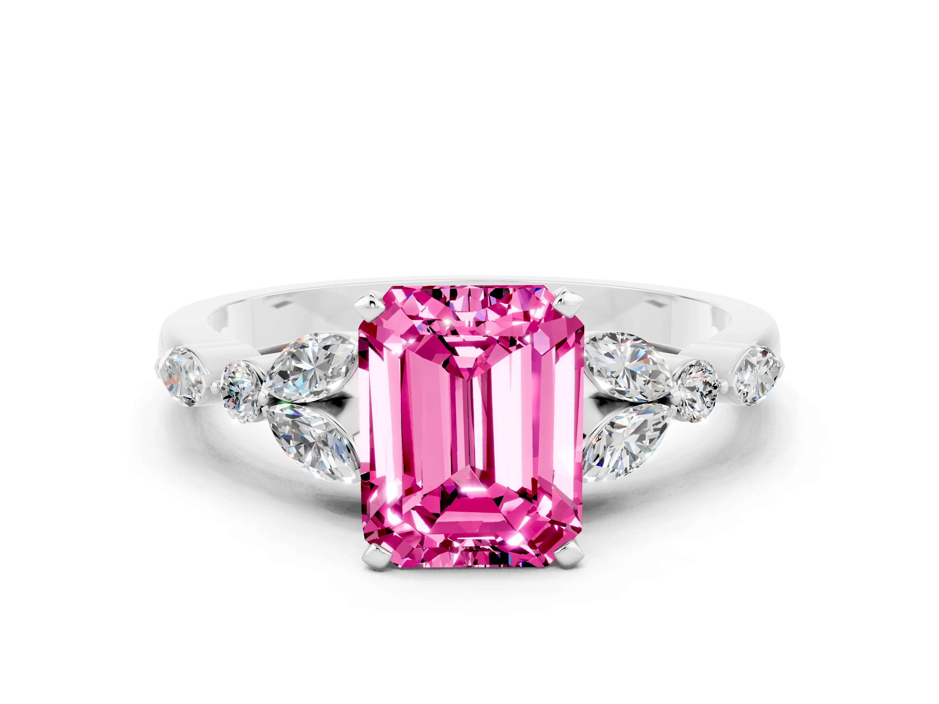White gold Emerald Cut Pink Sapphire Solitaire Ring with Side Stones and Four-Prong Setting_24