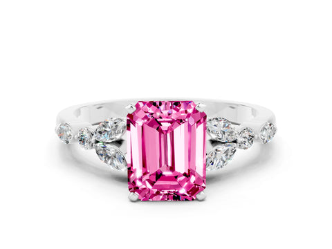 White gold Emerald Cut Pink Sapphire Solitaire Ring with Side Stones and Four-Prong Setting_24