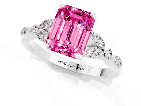 White gold Emerald Cut Pink Sapphire Solitaire Ring with Side Stones and Four-Prong Setting