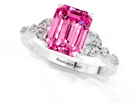 White gold Emerald Cut Pink Sapphire Solitaire Ring with Side Stones and Four-Prong Setting_25