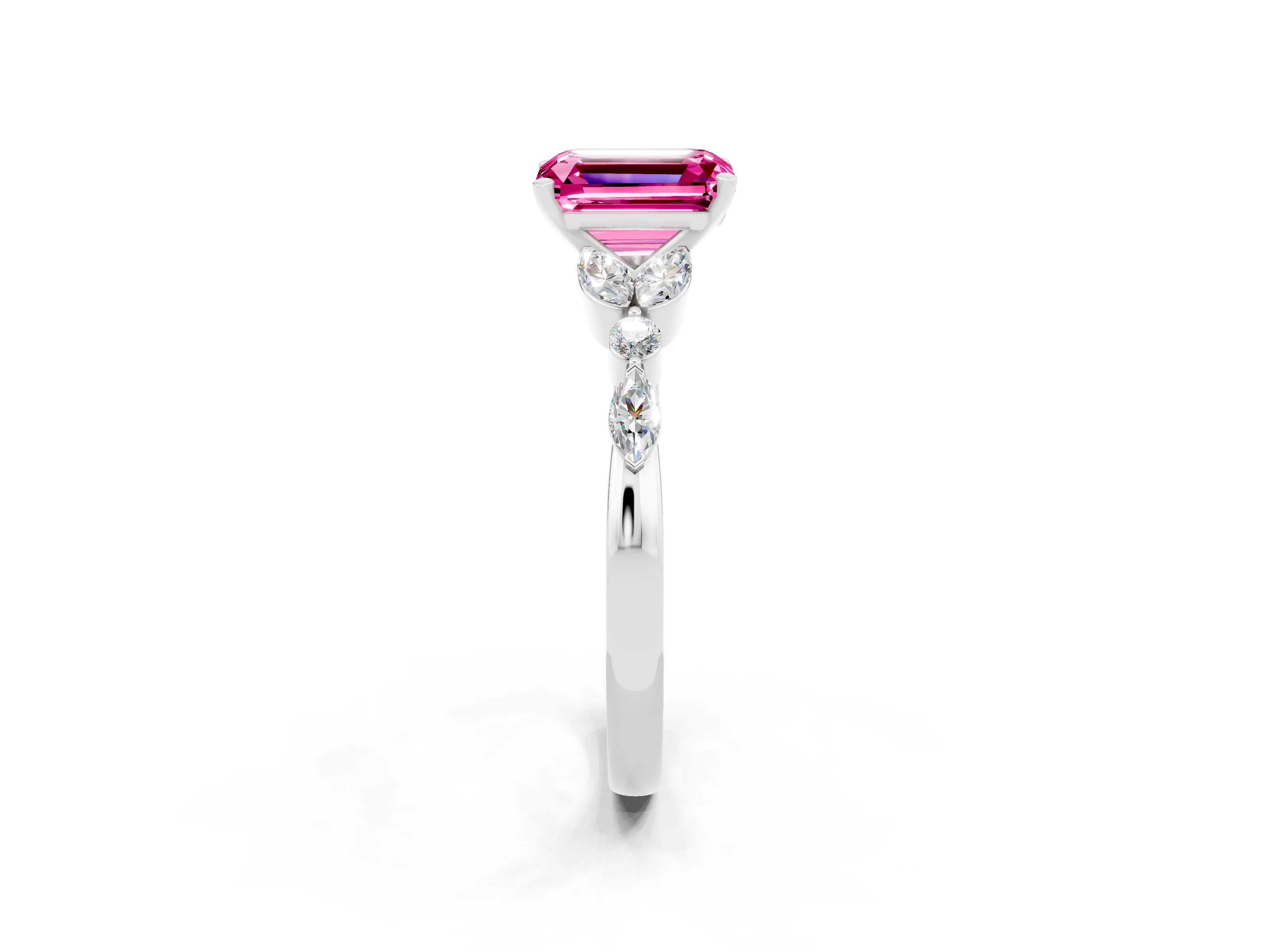 White gold Emerald Cut Pink Sapphire Solitaire Ring with Side Stones and Four-Prong Setting_26