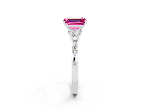 White gold Emerald Cut Pink Sapphire Solitaire Ring with Side Stones and Four-Prong Setting_26