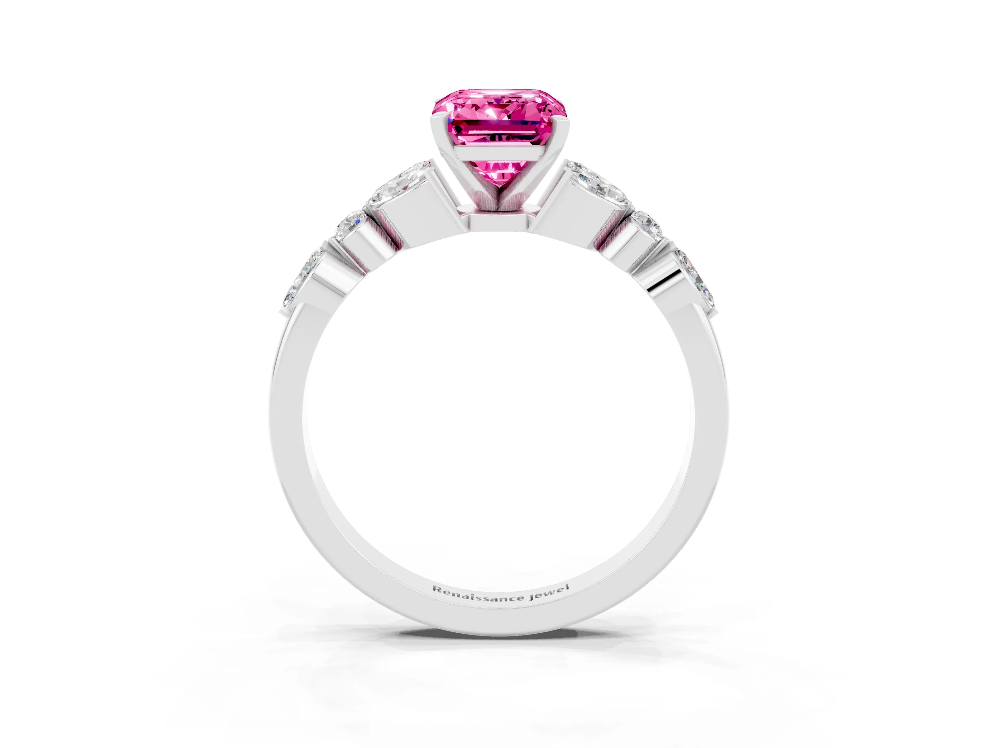 White gold Emerald Cut Pink Sapphire Solitaire Ring with Side Stones and Four-Prong Setting_27