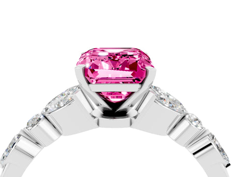 White gold Emerald Cut Pink Sapphire Solitaire Ring with Side Stones and Four-Prong Setting_28