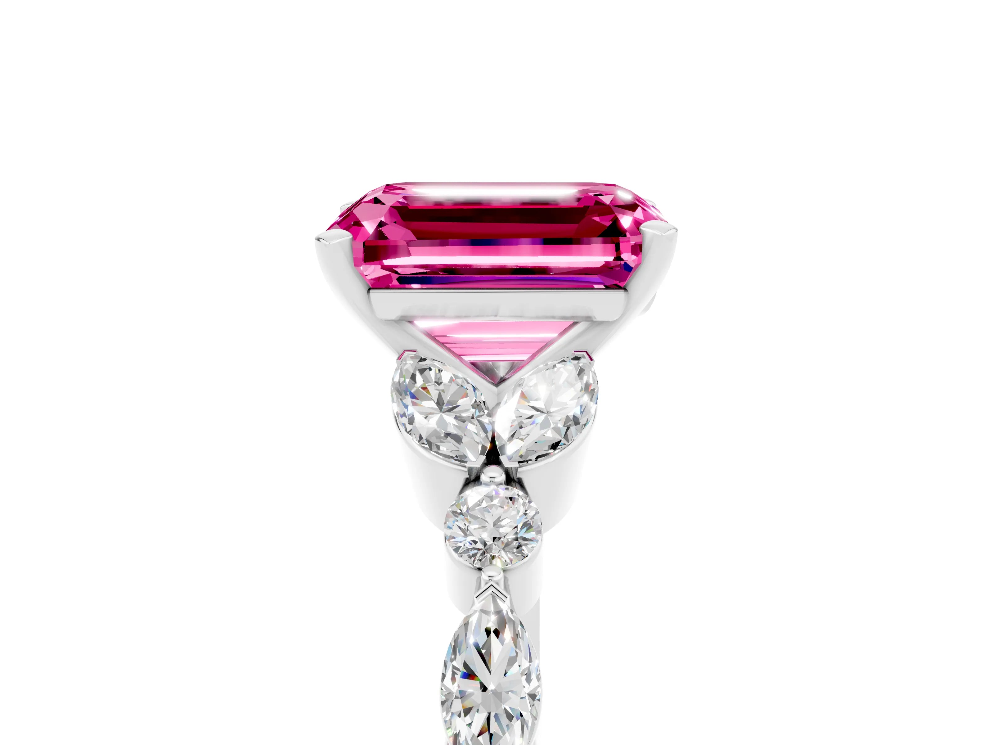 White gold Emerald Cut Pink Sapphire Solitaire Ring with Side Stones and Four-Prong Setting_29