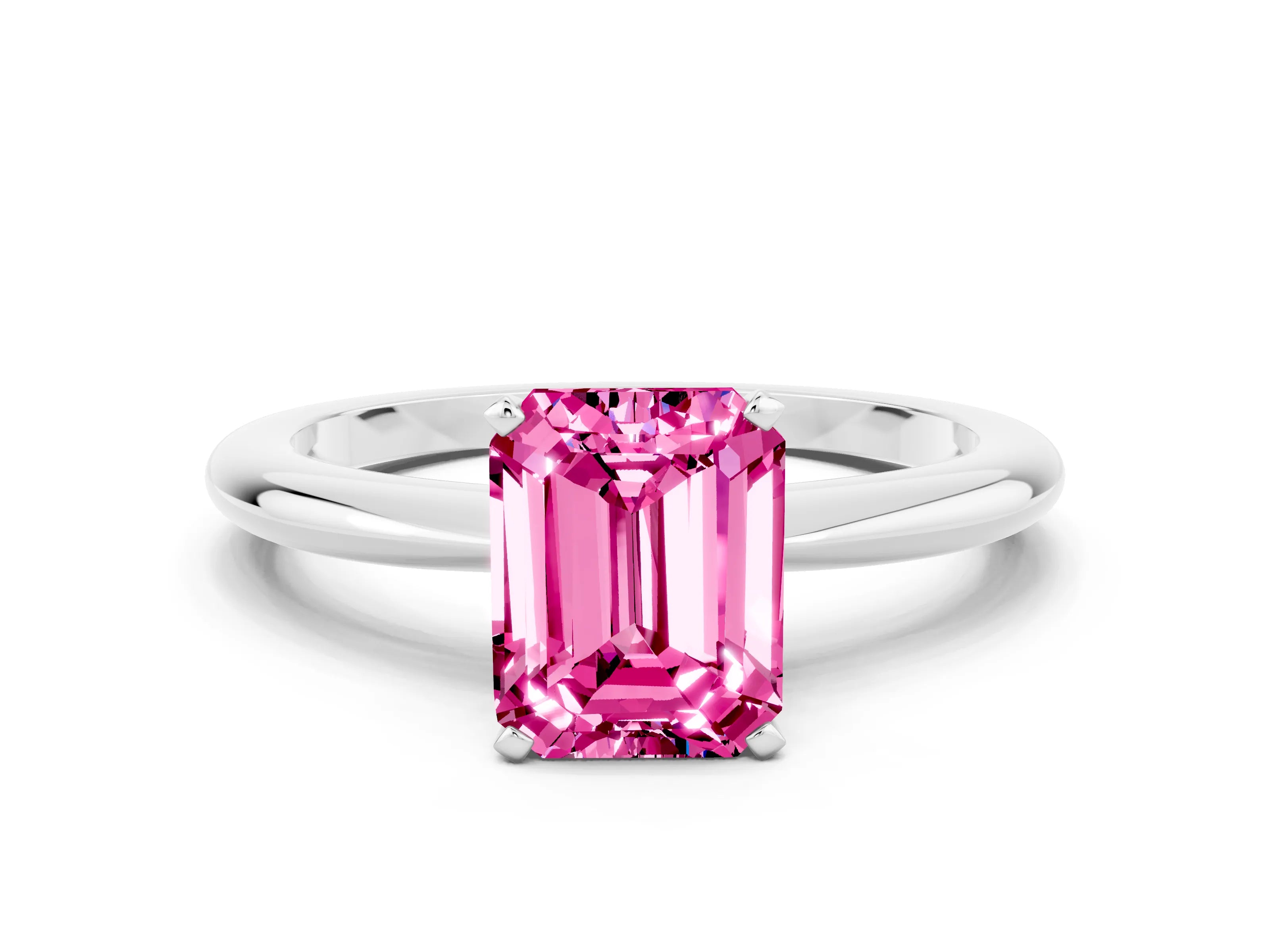 White gold Emerald Cut Pink Sapphire Solitaire Ring with Six-Prong Setting and Classic Band_12