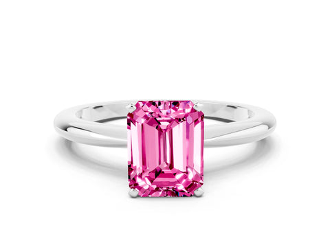 White gold Emerald Cut Pink Sapphire Solitaire Ring with Six-Prong Setting and Classic Band_12