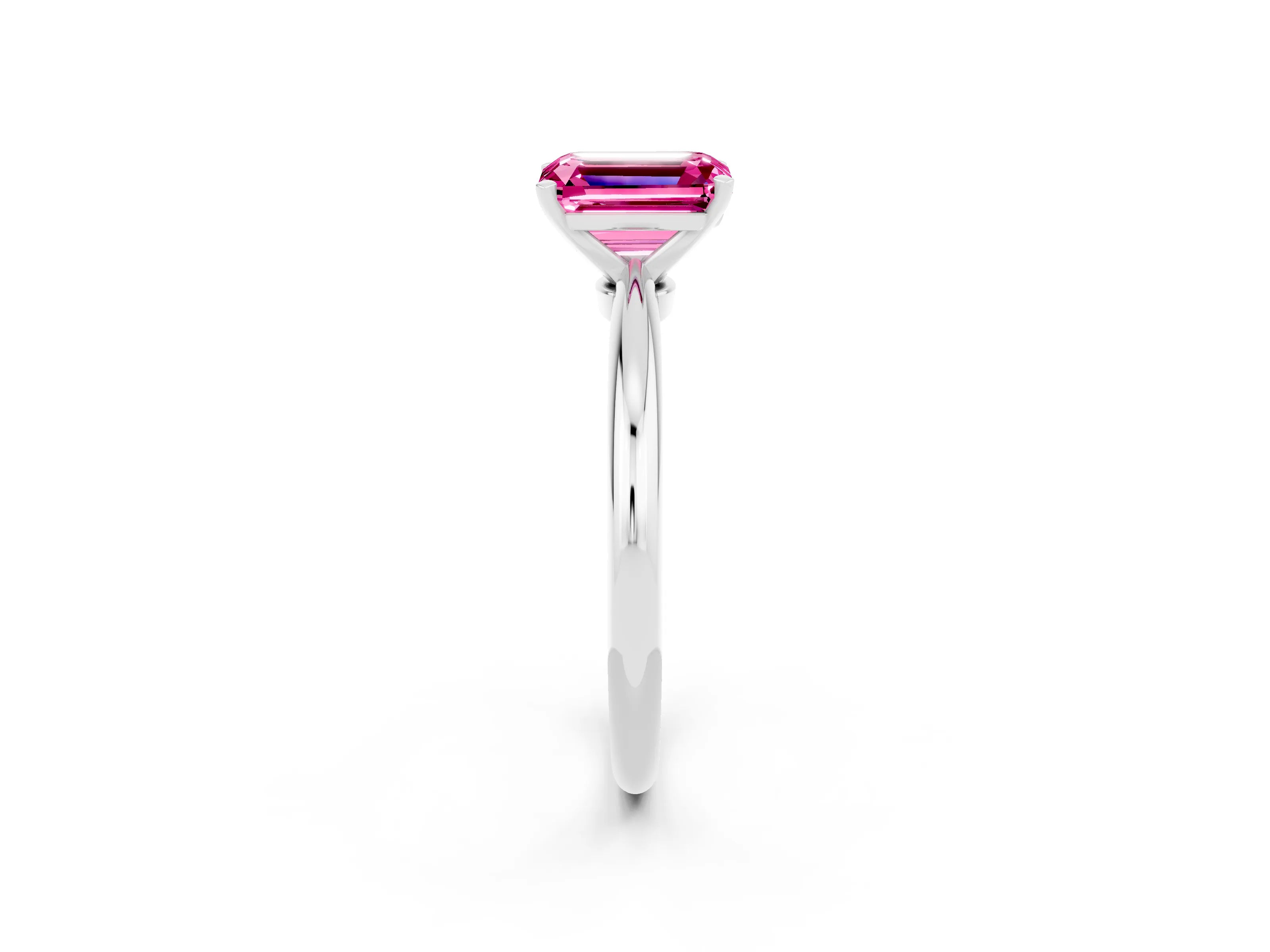 White gold Emerald Cut Pink Sapphire Solitaire Ring with Six-Prong Setting and Classic Band_14