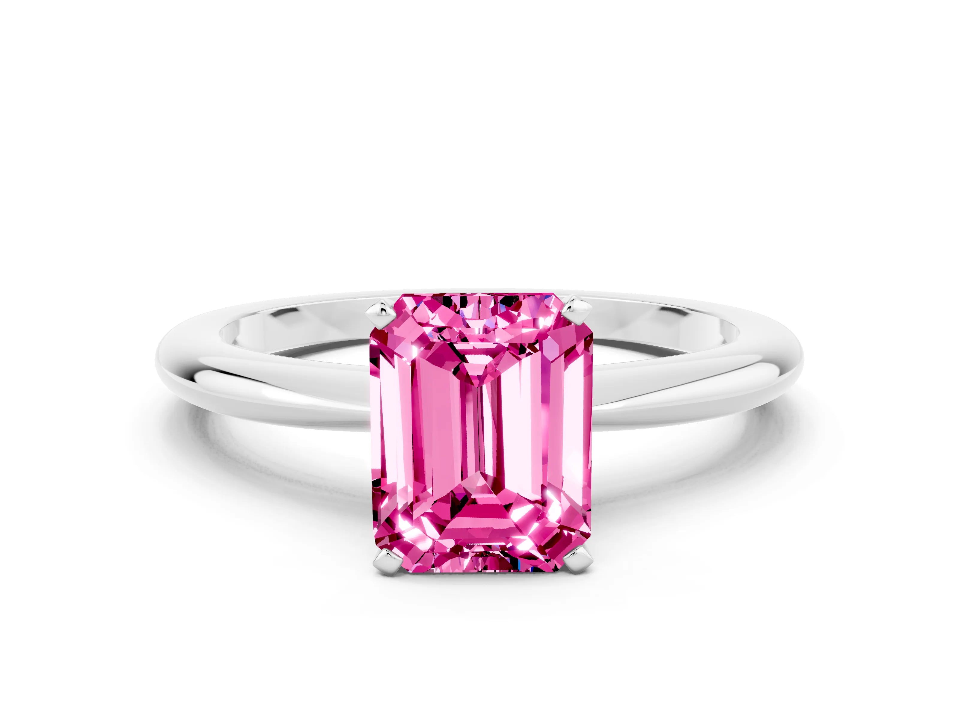 White gold Emerald Cut Pink Sapphire Solitaire Ring with Six-Prong Setting and Classic Band_18