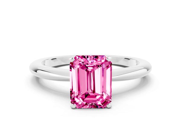 White gold Emerald Cut Pink Sapphire Solitaire Ring with Six-Prong Setting and Classic Band