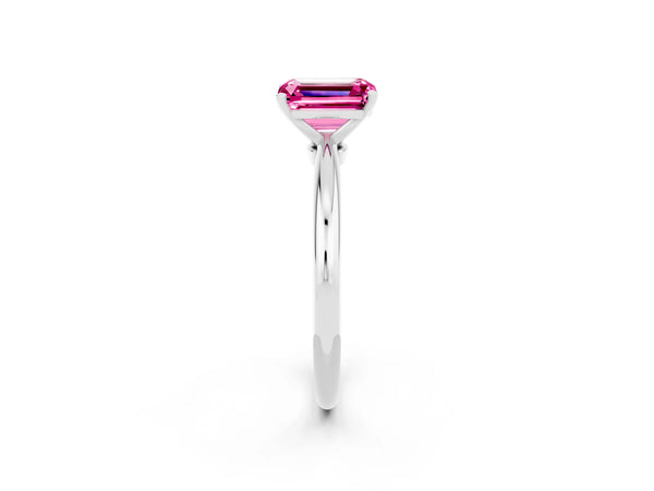 Platinum Emerald Cut Pink Sapphire Solitaire Ring with Six-Prong Setting and Classic Band
