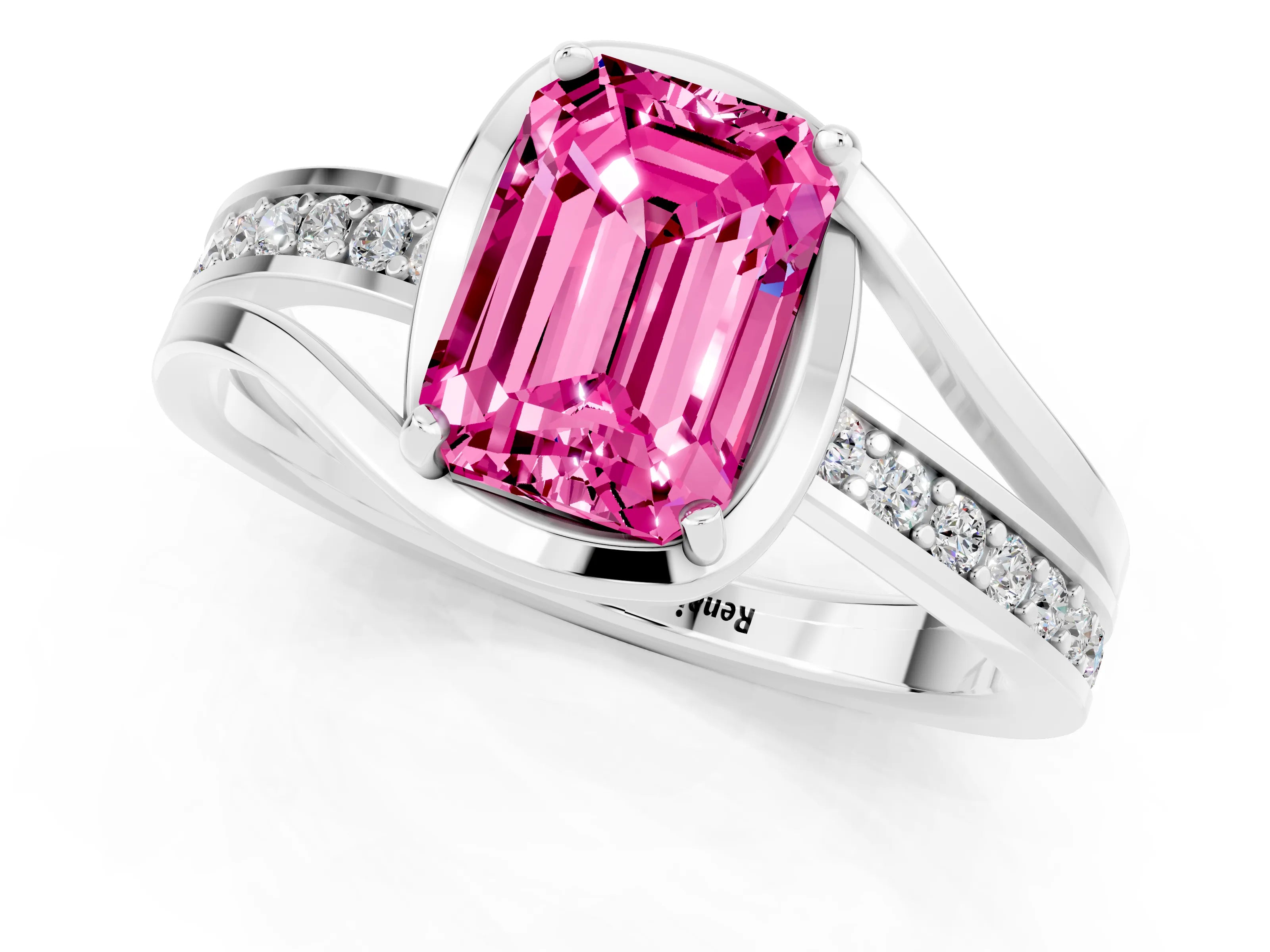 White gold Emerald Cut Pink Sapphire Solitaire Ring with Split Shank and Prong Setting_1