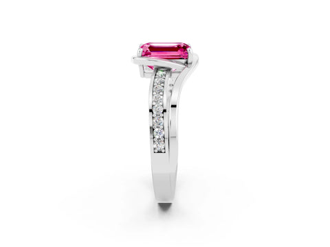 White gold Emerald Cut Pink Sapphire Solitaire Ring with Split Shank and Prong Setting_2