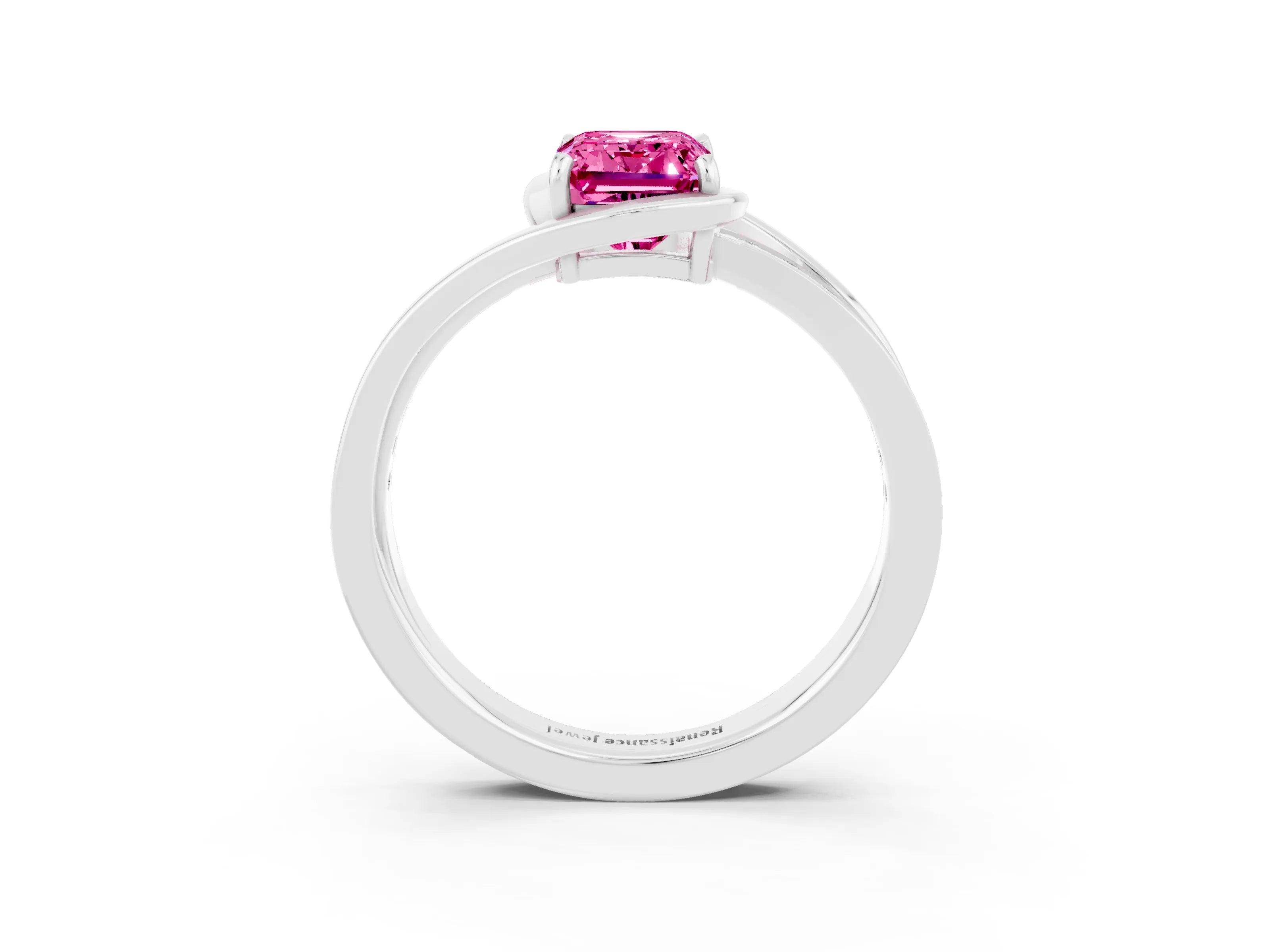 White gold Emerald Cut Pink Sapphire Solitaire Ring with Split Shank and Prong Setting_3